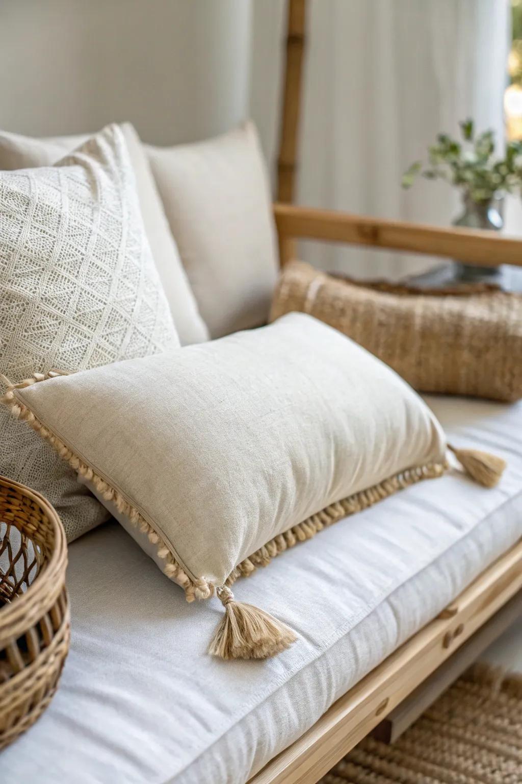 A linen lumbar cushion makes your office daybed read like a cozy couch—calm, chic, guest-ready.