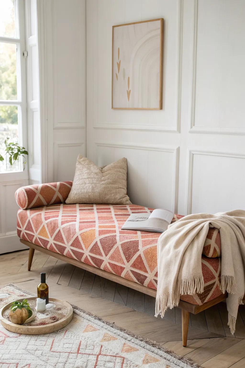 Let a patterned daybed be the color anchor—small-space style with Scandinavian calm + boho charm.