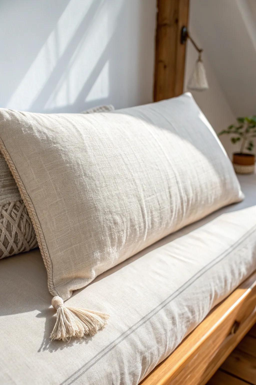 Seasonal pillow cover swaps: airy linen now, chunky textures later—fresh daybed vibe for less.