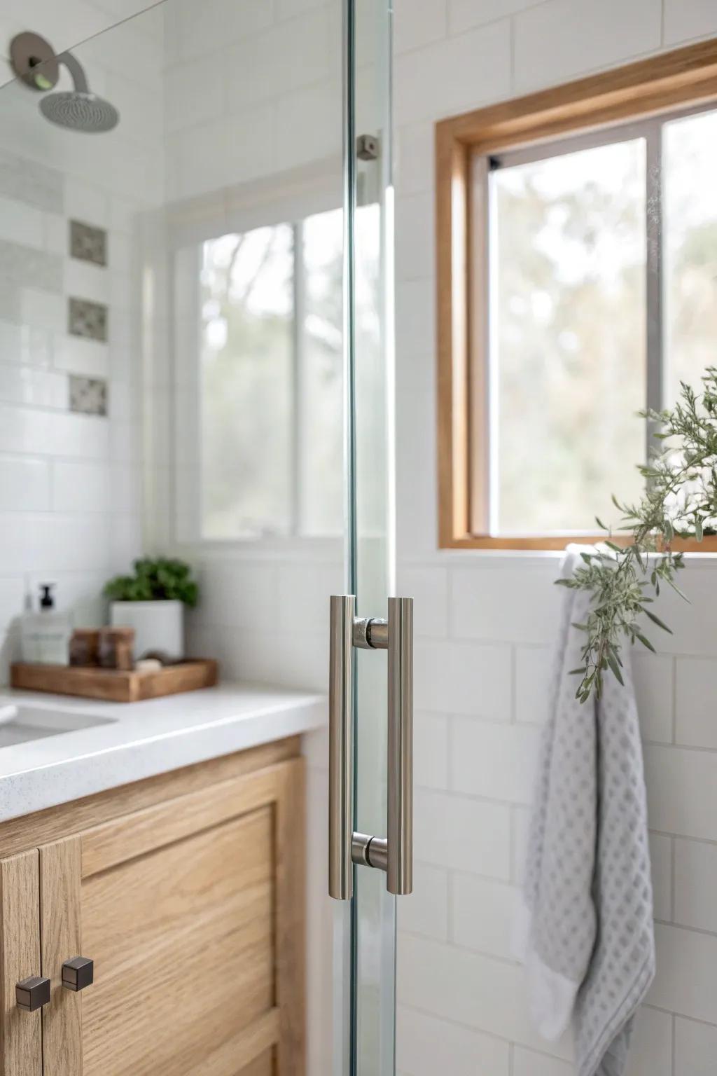 A clear glass shower door keeps sightlines open—instant airy, spacious vibes in a tiny bath.