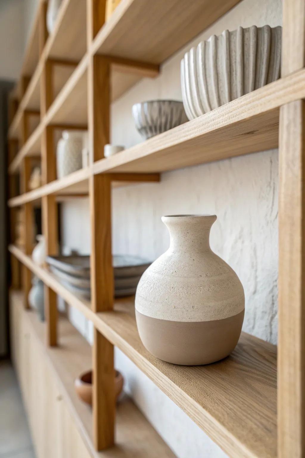 Repeat one material—matte ceramics—to make built-in shelves feel calm, cohesive, and curated.