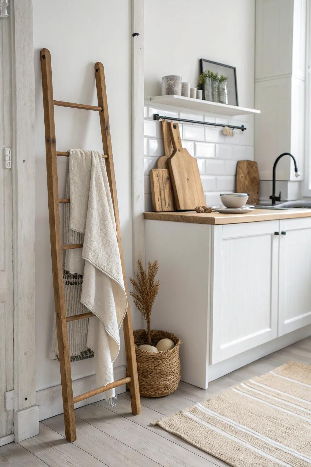 A slim ladder organizer for towels and cutting boards—neutral, calm, and space-saving.