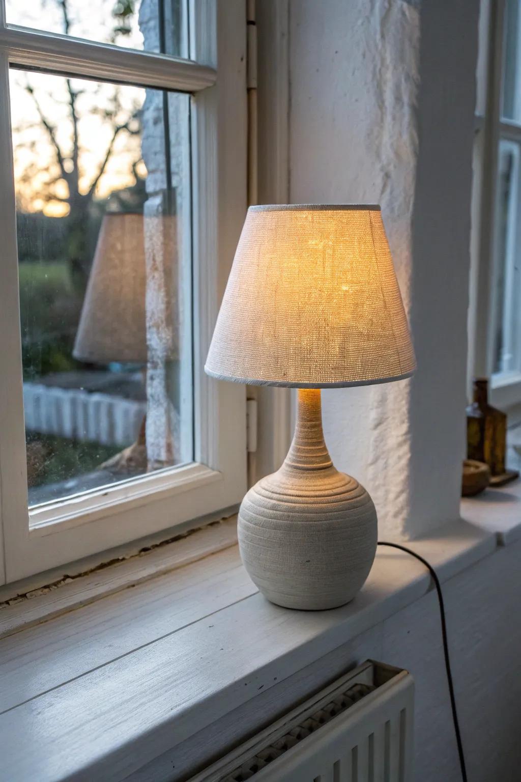 A tiny lamp on a deep sill adds the softest evening glow—cozy, calm, and intentional.