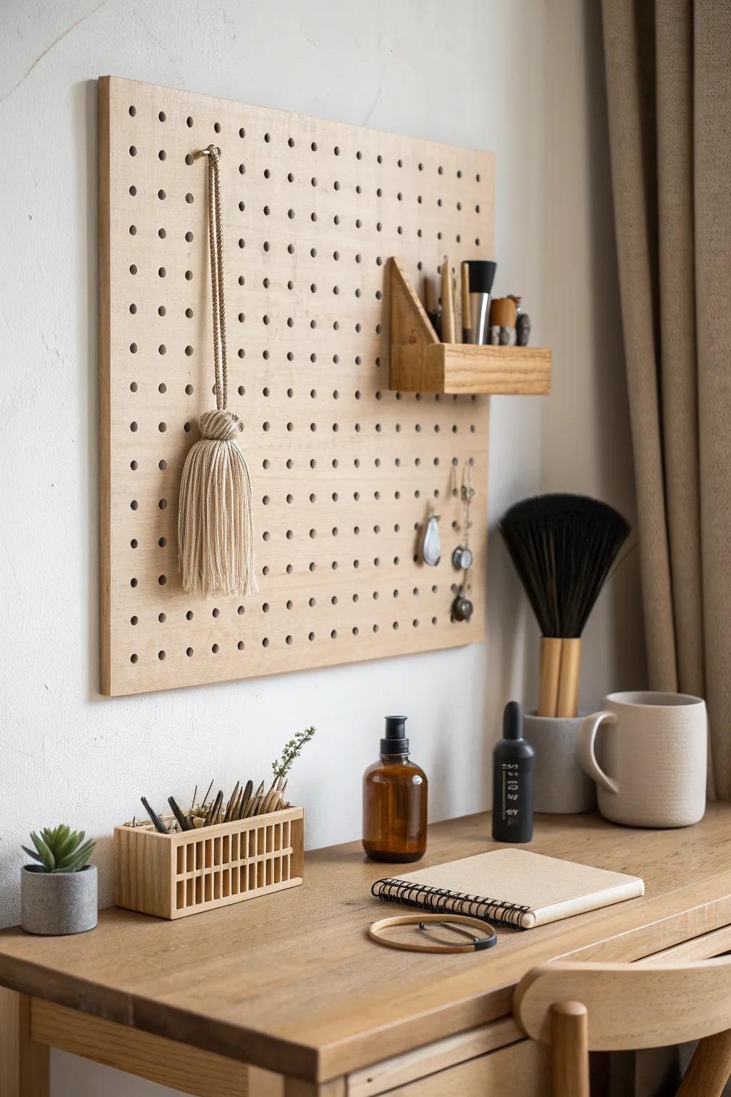 A minimalist pegboard above your desk-vanity keeps brushes, cords, and tools beautifully tidy.