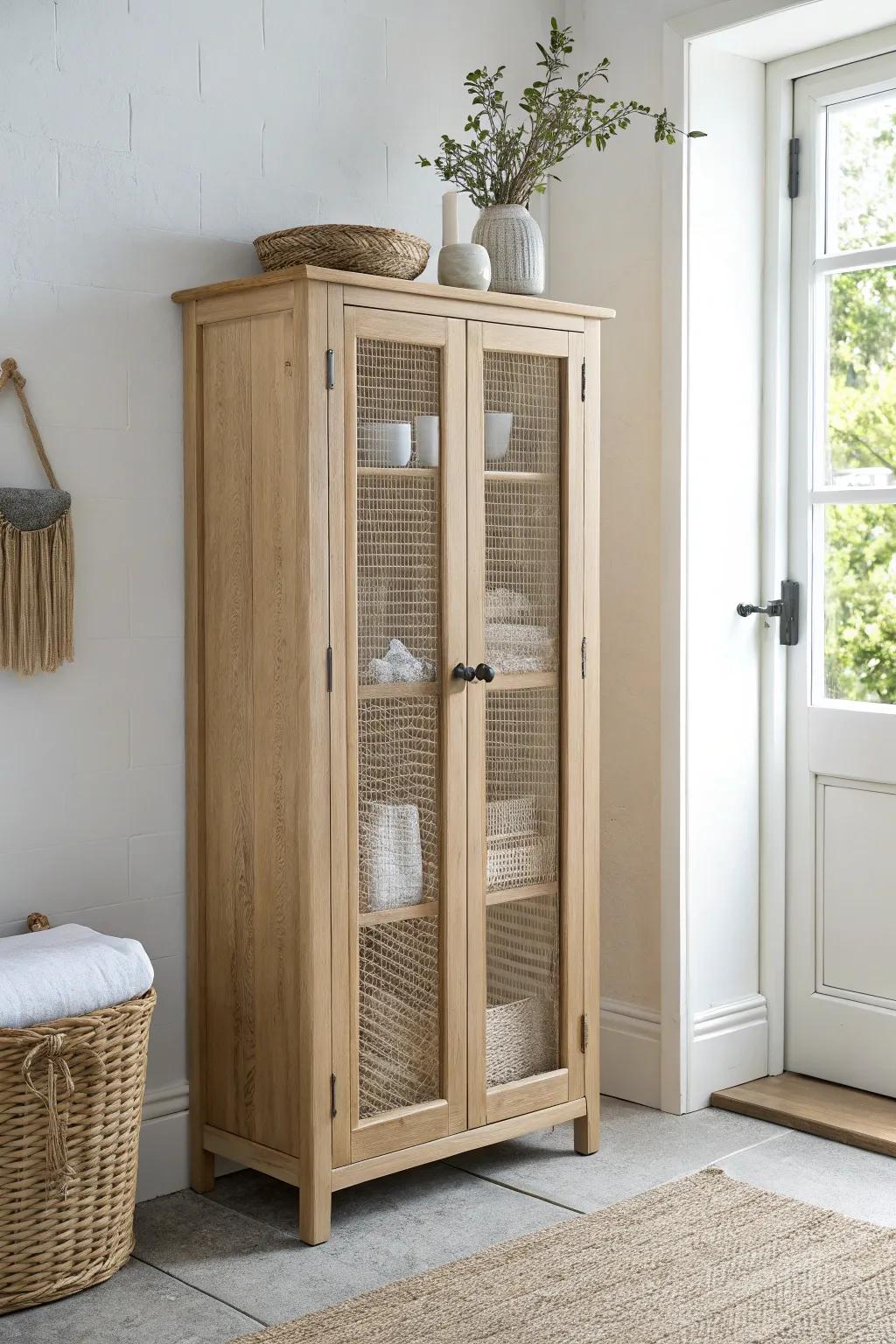 Slim cabinet, big impact—store napkins, serving tools, and candles in the tightest spot.