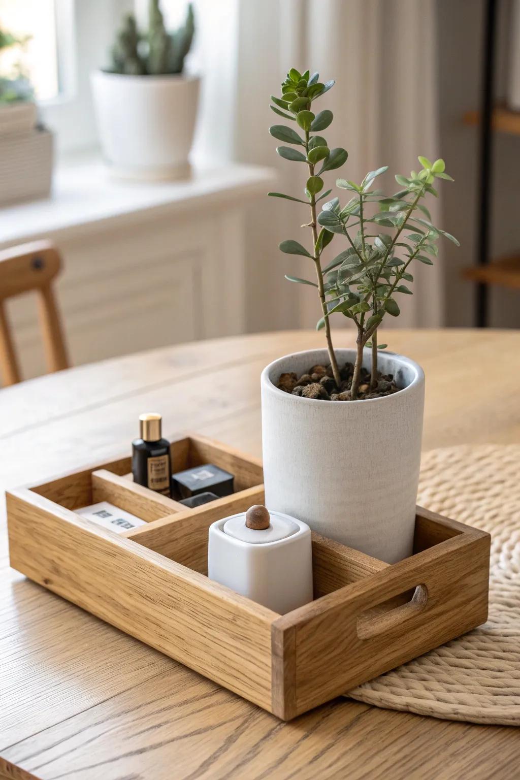 A centerpiece caddy that styles your table and hides the little essentials in plain sight.