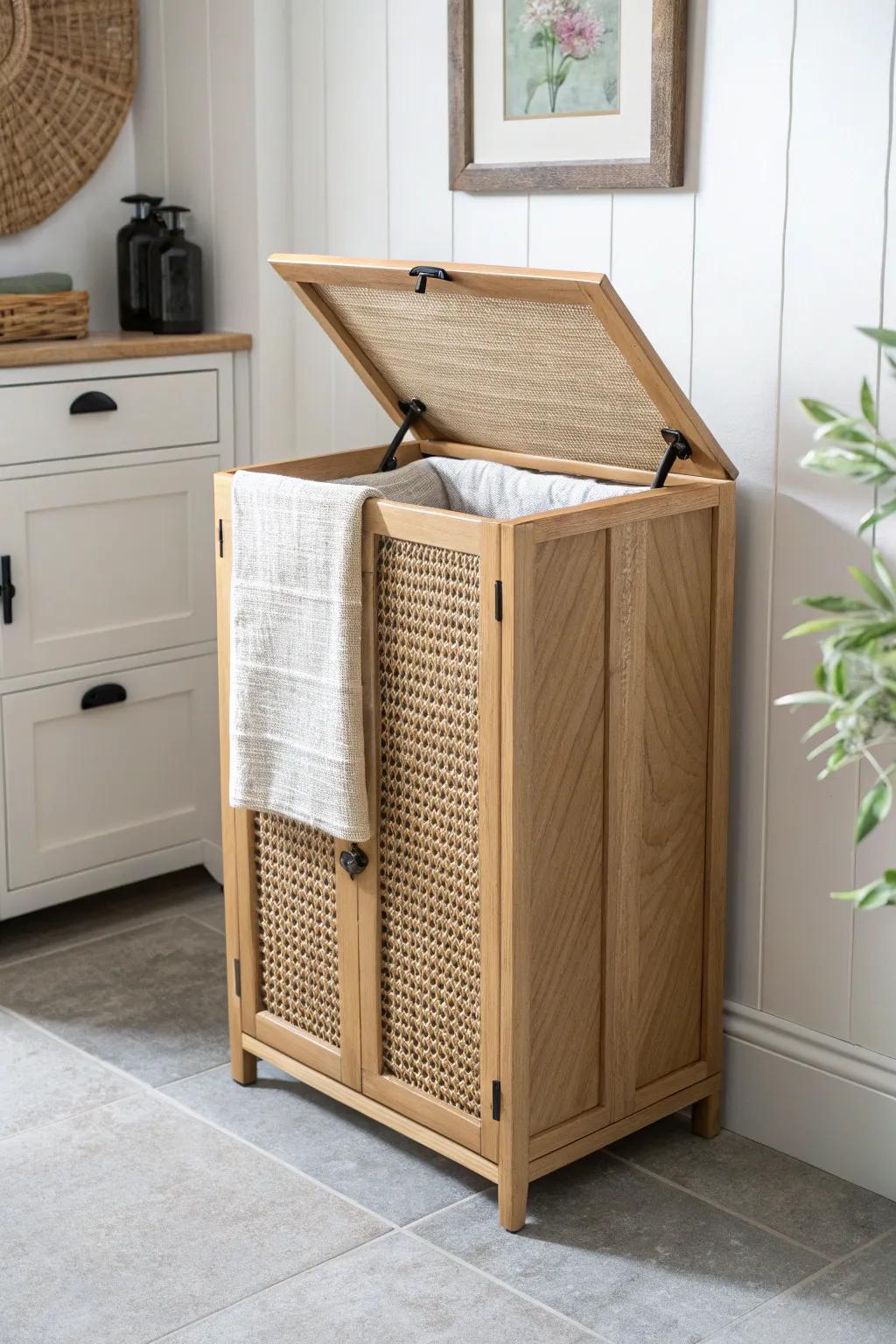 Slim tilt‑out hamper cabinet keeps laundry hidden and handy in the tiniest bathroom nook.