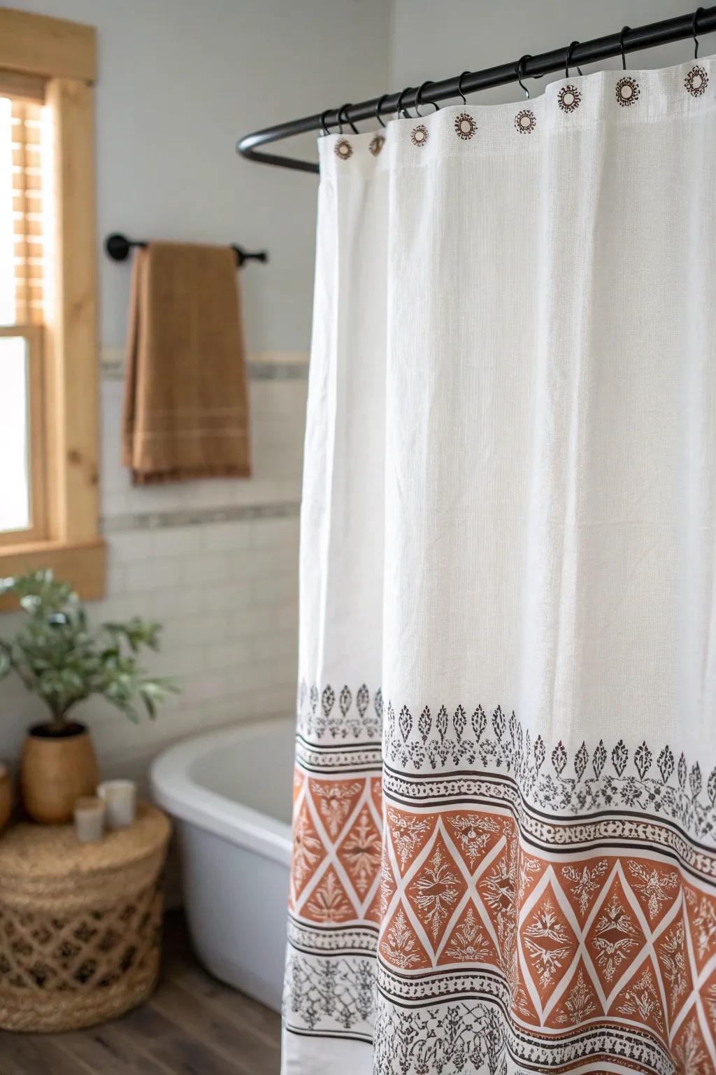 Turn a plain shower curtain into wall art with a simple stencil—budget, bold, beautiful.