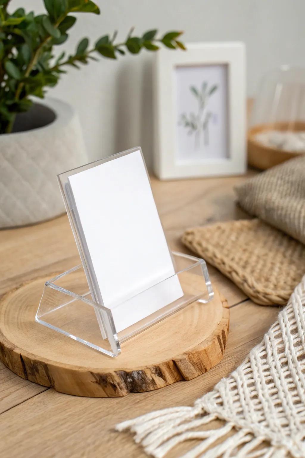 Simplicity meets elegance with this acrylic card holder, letting your cards shine in style.