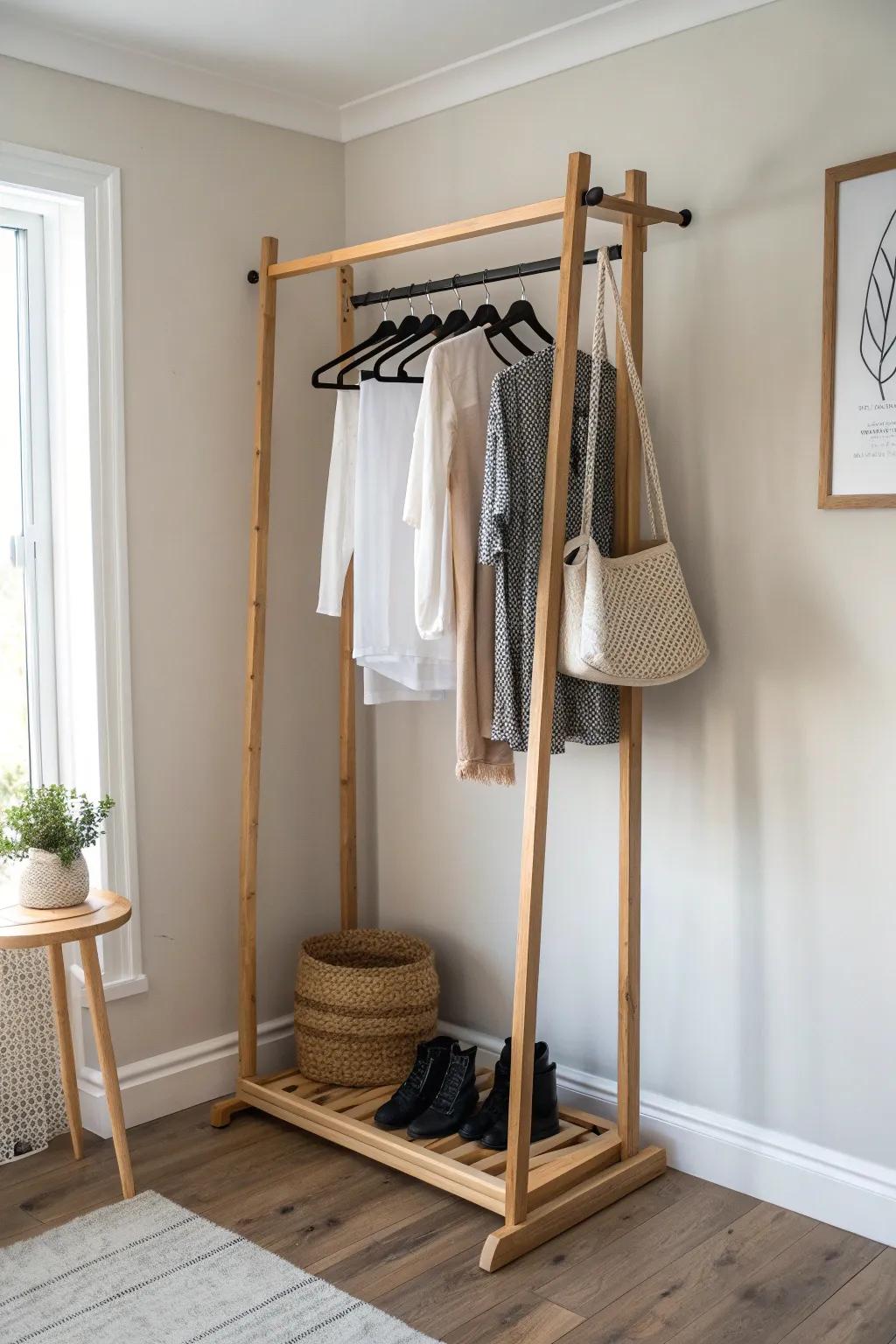 Turn an awkward corner into a custom wraparound clothes rack—clean, minimal, space-saving.