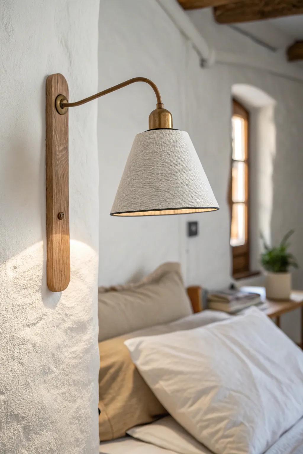 Corner-bed glow: a wall-mounted reading light that frees fully your nightstand space.