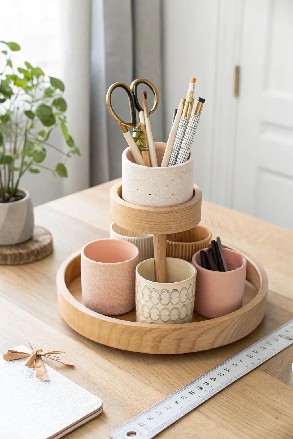 DIY spinning desk carousel: clustered cups on a lazy Susan, minimalist boho order in reach.
