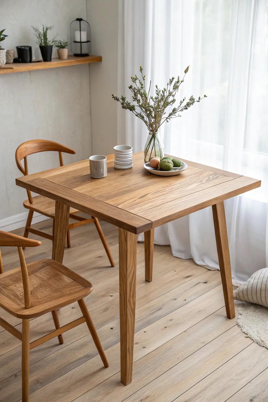 Plank-style tabletop overlay: slim boards, warm stain, and a sealed finish that looks brand new.