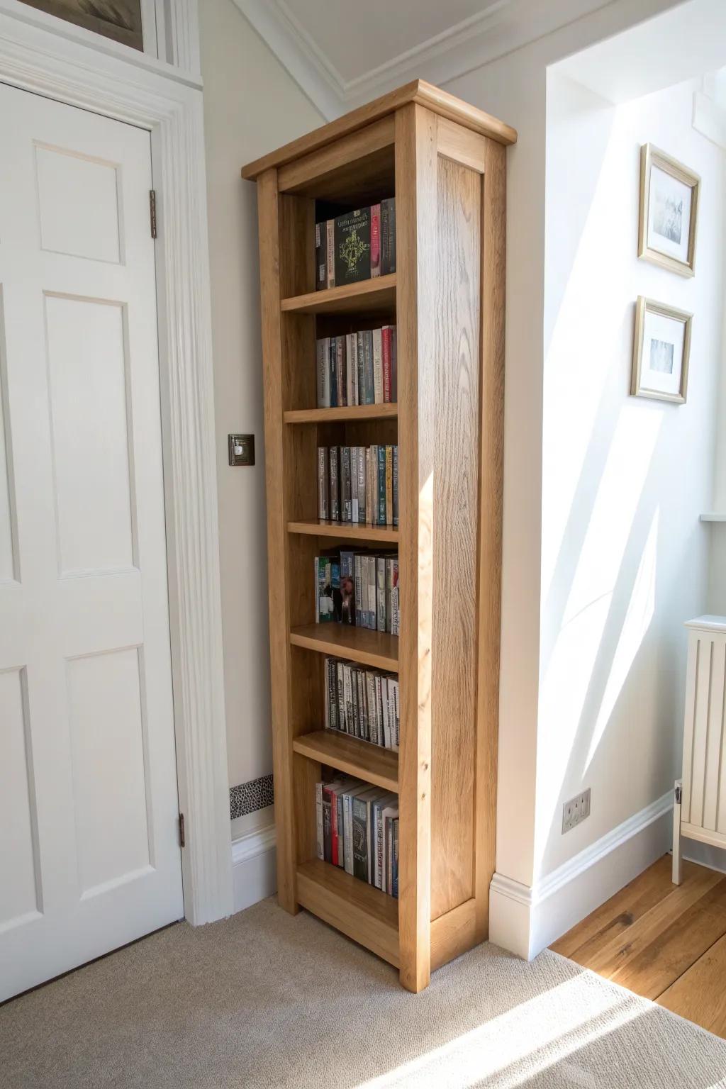 Turn a closet nook into a calm mini DVD library with sleek shallow shelves and warm oak.