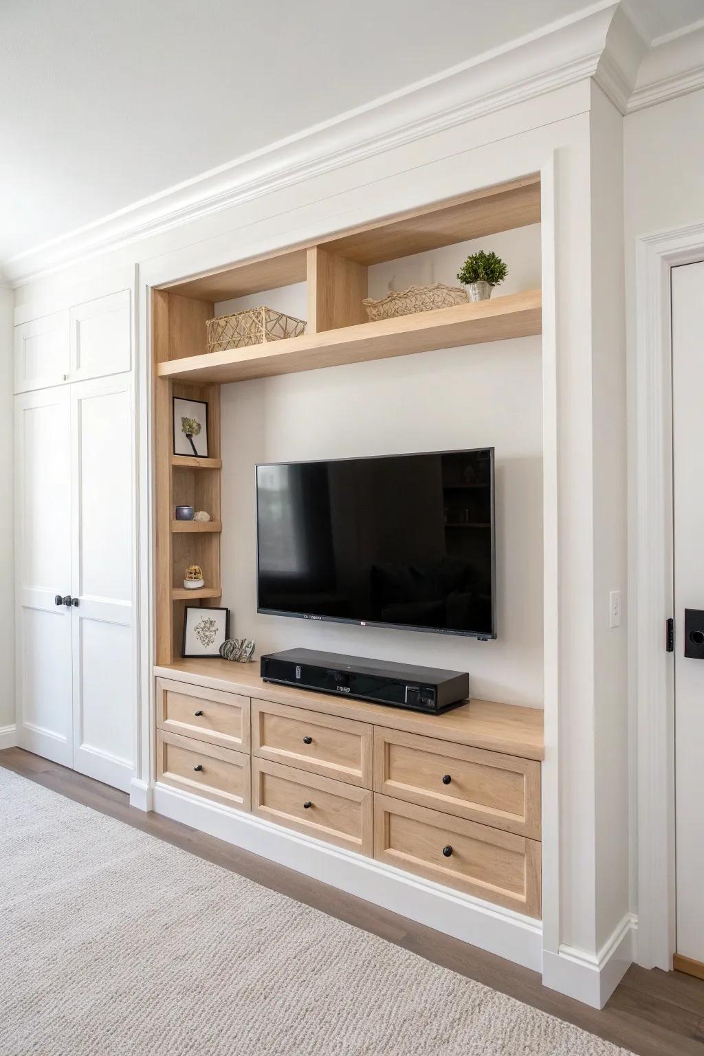 Closet-to-ENT center makeover: recessed TV niche, light-oak shelves, and hidden cable pass-through.