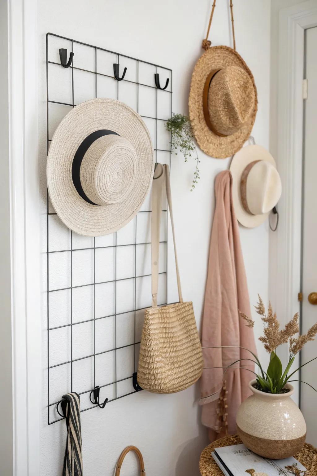 Turn hats into wall art with a wire grid panel—clips for caps, hooks for sun hats.