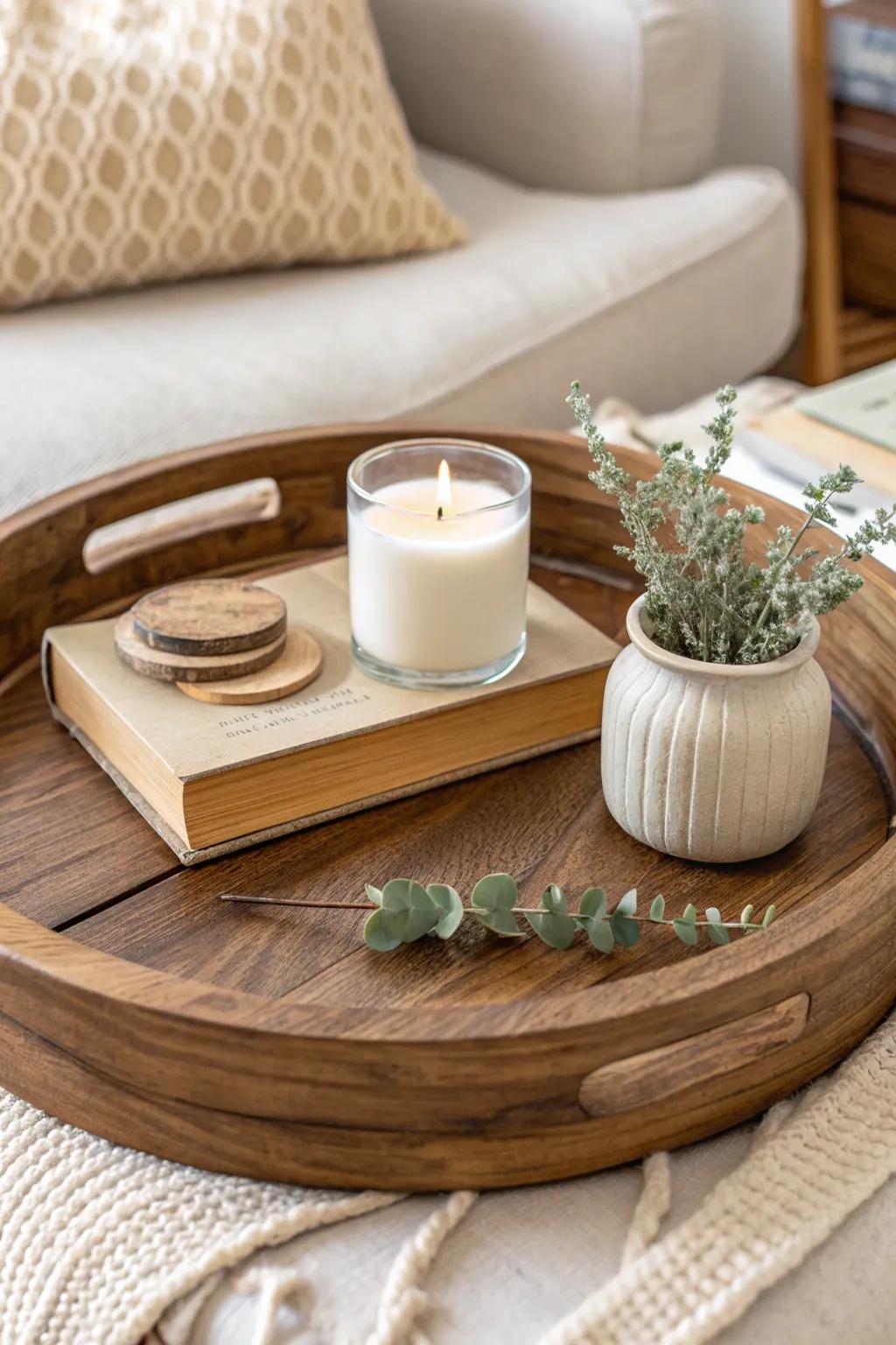 Thrifted tray vignette: candle, books, and greenery for an instant budget coffee-table reset.