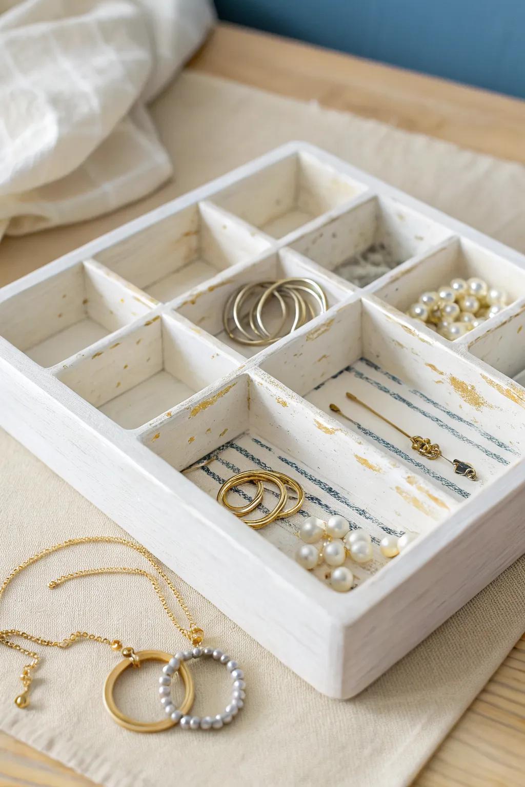 Repurposed compartment tray: a chic grab-and-go jewelry caddy for tiny treasures in small spaces.