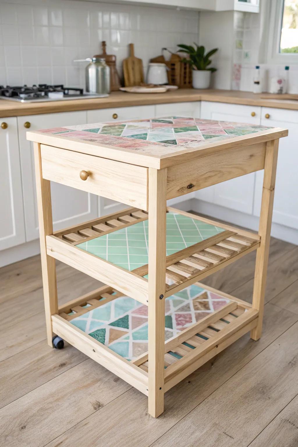 Transform your kitchen with a stunning tile top cart, blending Scandinavian simplicity with a Boho twist.
