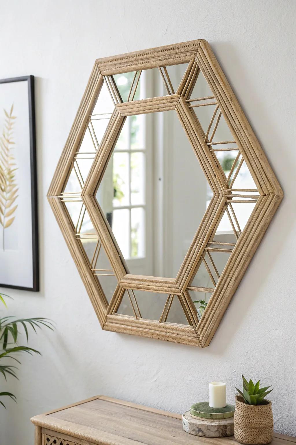 Elevate your vanity with a chic hexagon mirror for a touch of geometric elegance.