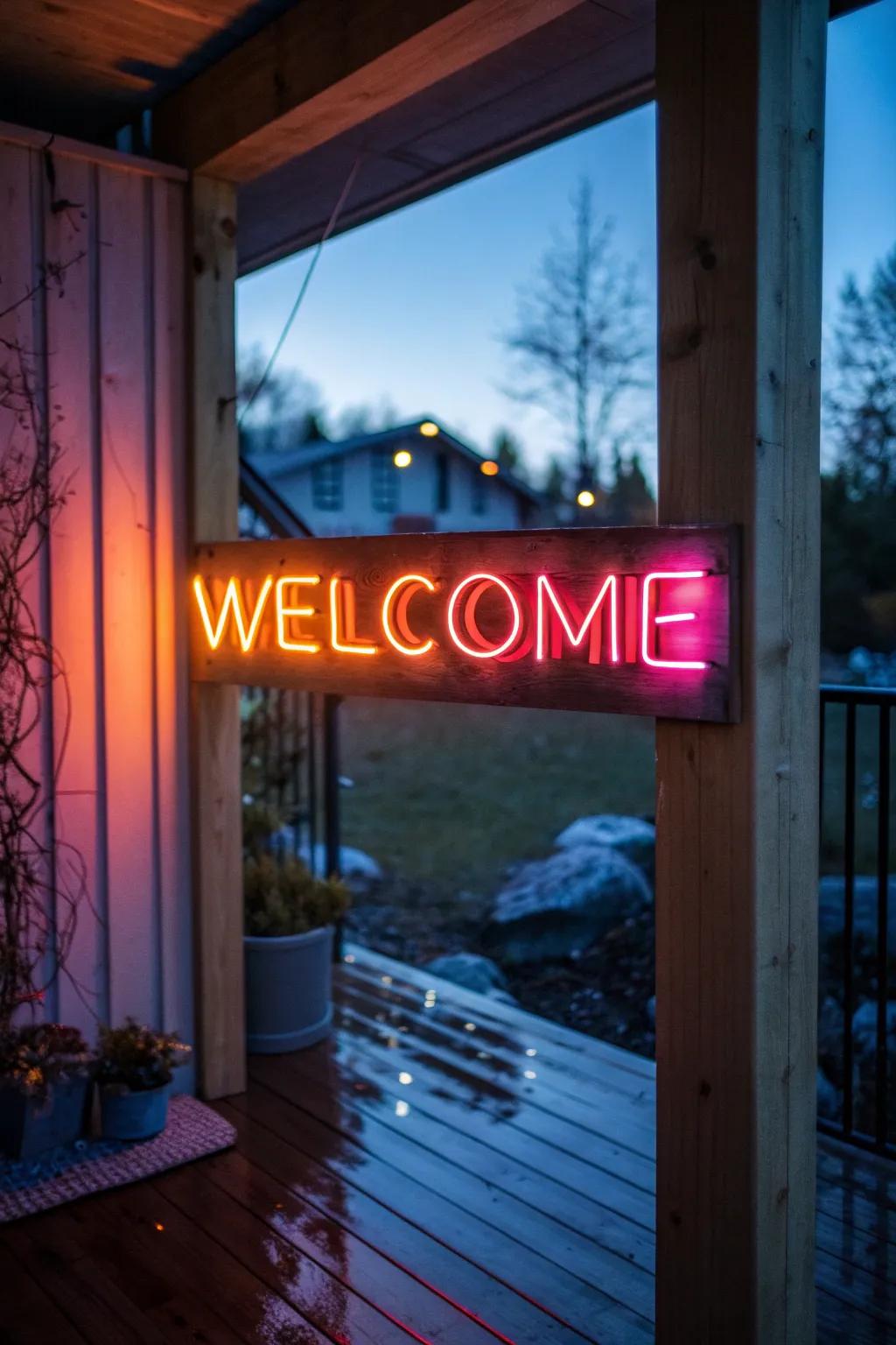 Illuminate your outdoor space with a stylish neon welcome.