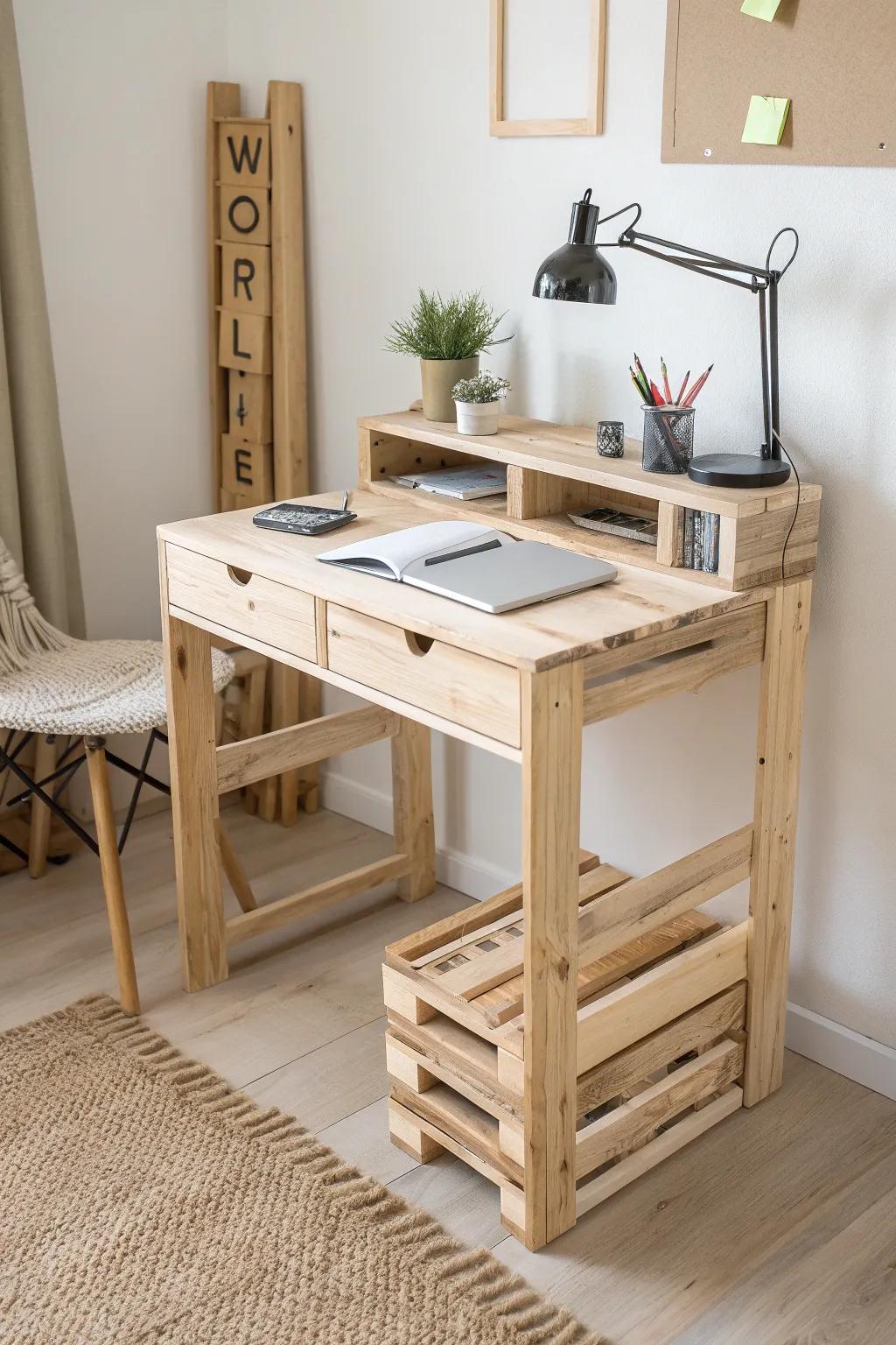Compact pallet kids desk with rounded corners and under-shelf storage—small-space homework win.