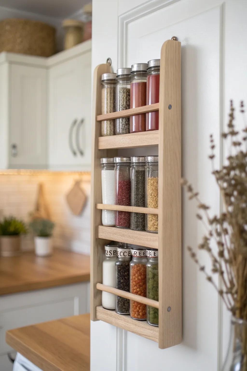 Turn that pantry door into a slim spice wall—handmade rack storage that frees up shelf space.