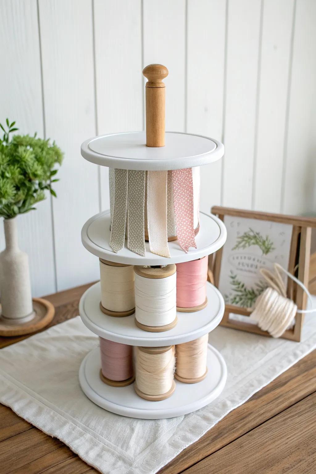Spinning Lazy Susan ribbon tower: a minimalist DIY carousel that keeps spools tidy in small spaces.
