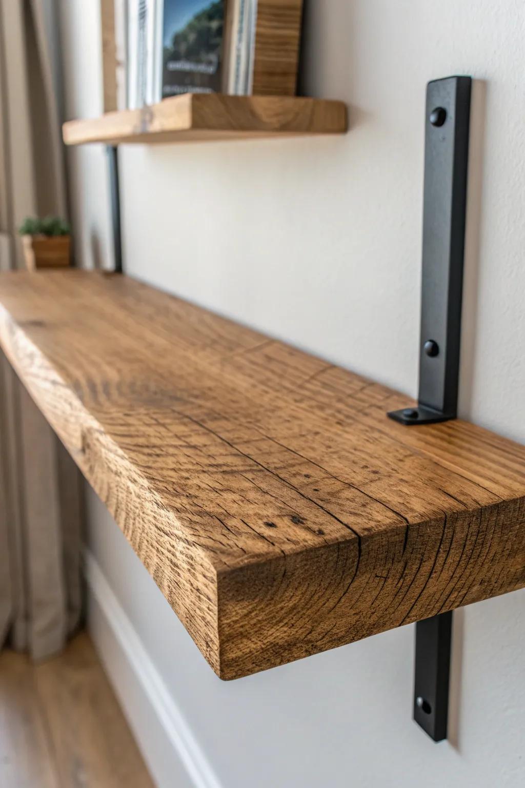 Rustic wood shelf + sleek black brackets—cozy, sturdy storage for a small bedroom wall.