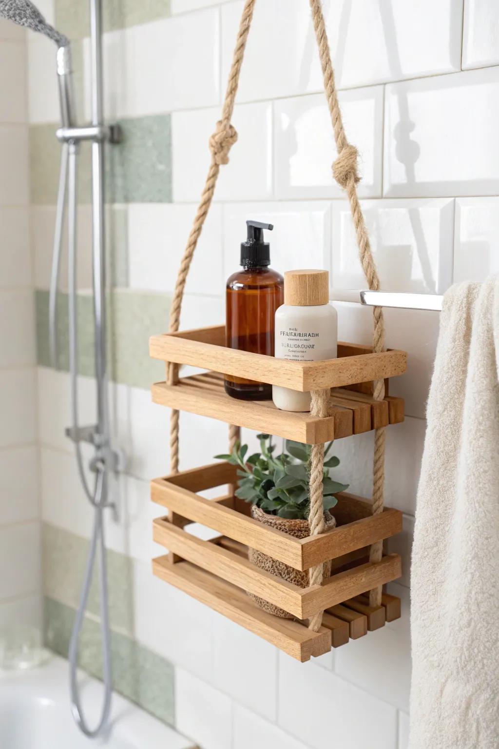 Spa-style wood slat hanging shower caddy—pretty, practical drainage, perfect for rentals.