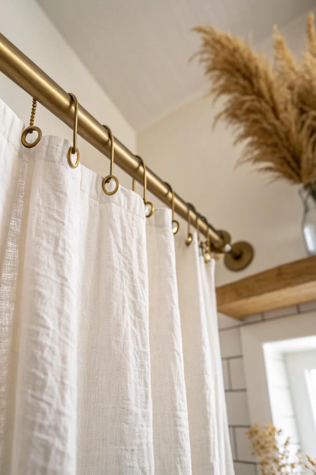 Hang the rod higher + add a longer linen curtain for an instant taller, spa-like shower wall.