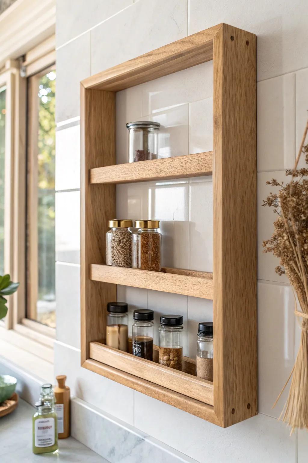 Chunky framed wood spice rack for a built‑in look—minimal, warm, and small‑space perfect.