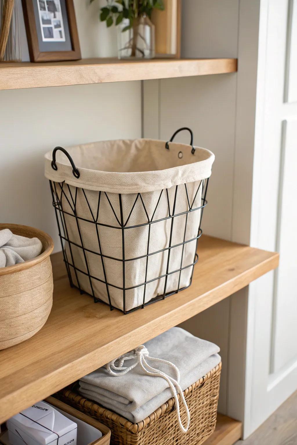 Wire basket + DIY linen liner—airy, tidy storage that makes open shelves look calm.