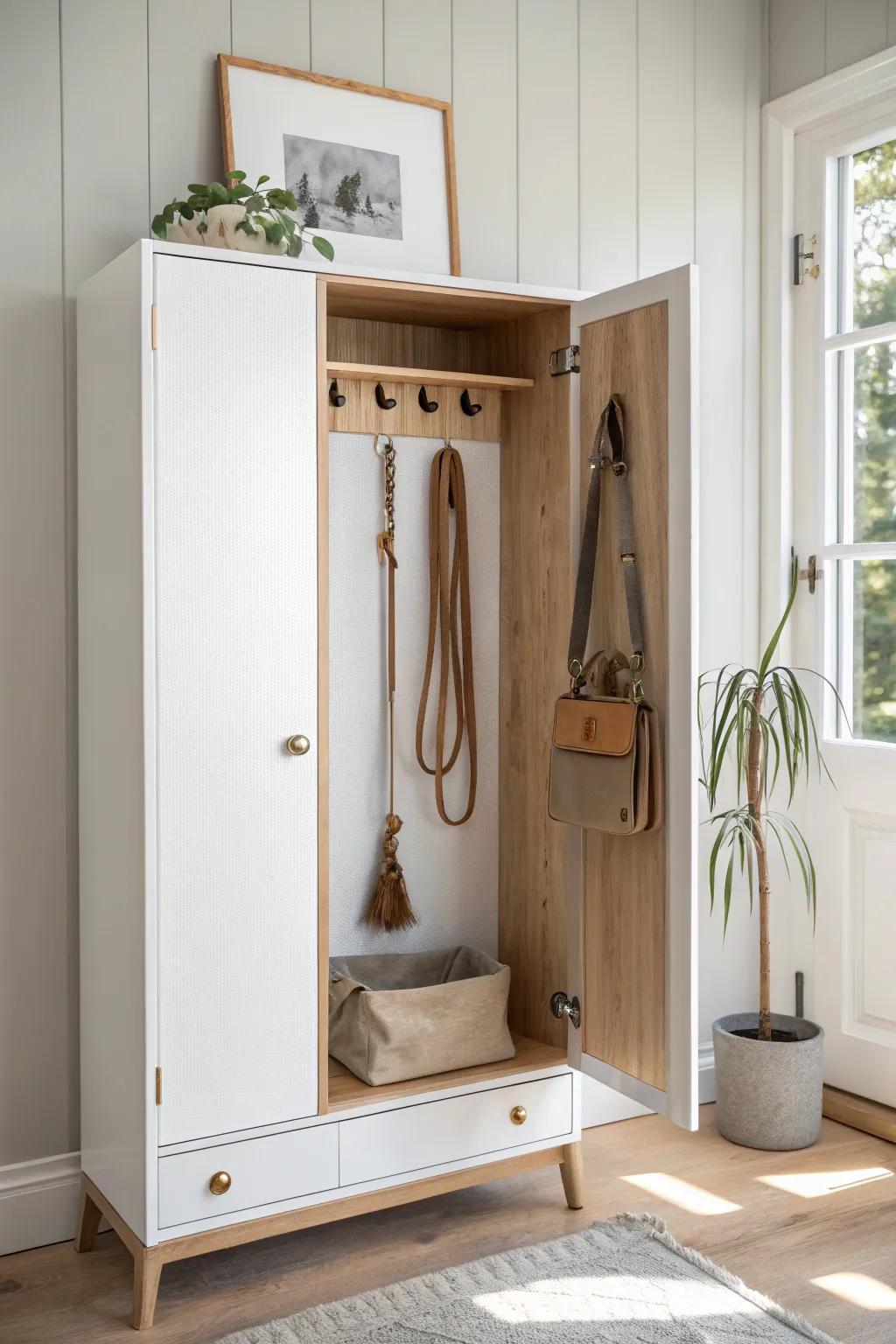 A calm, dust-free entryway: sleek shallow cabinet with hidden hooks for dog leashes.