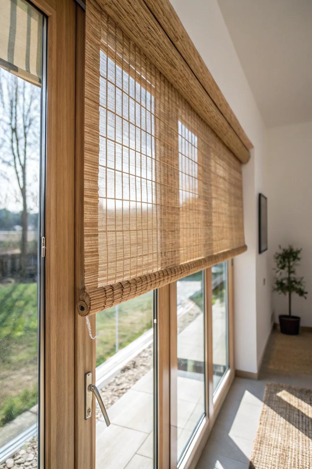 Woven shades add cozy texture and soften door glass—minimal, warm, and beautifully practical.
