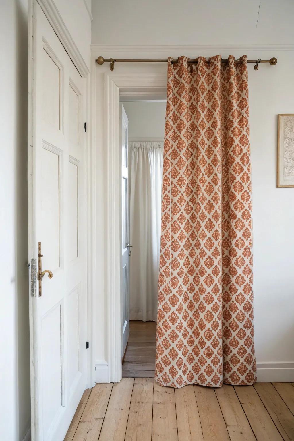 A bold printed doorway curtain turns a plain rental hallway into a statement—no paint needed.