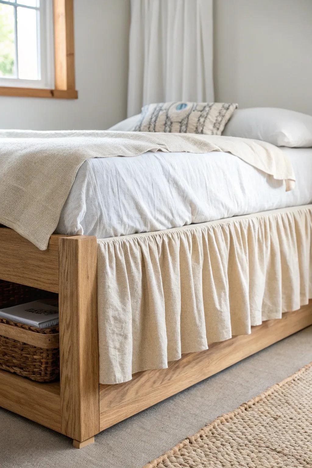 A linen bed skirt + risers keeps under-bed storage hidden and your dorm instantly calmer.