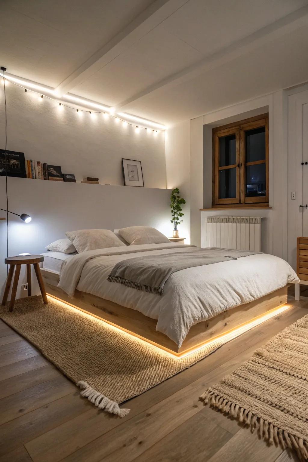 A hidden LED strip under the bed creates a chic, low glow—perfect for quiet midnight trips.