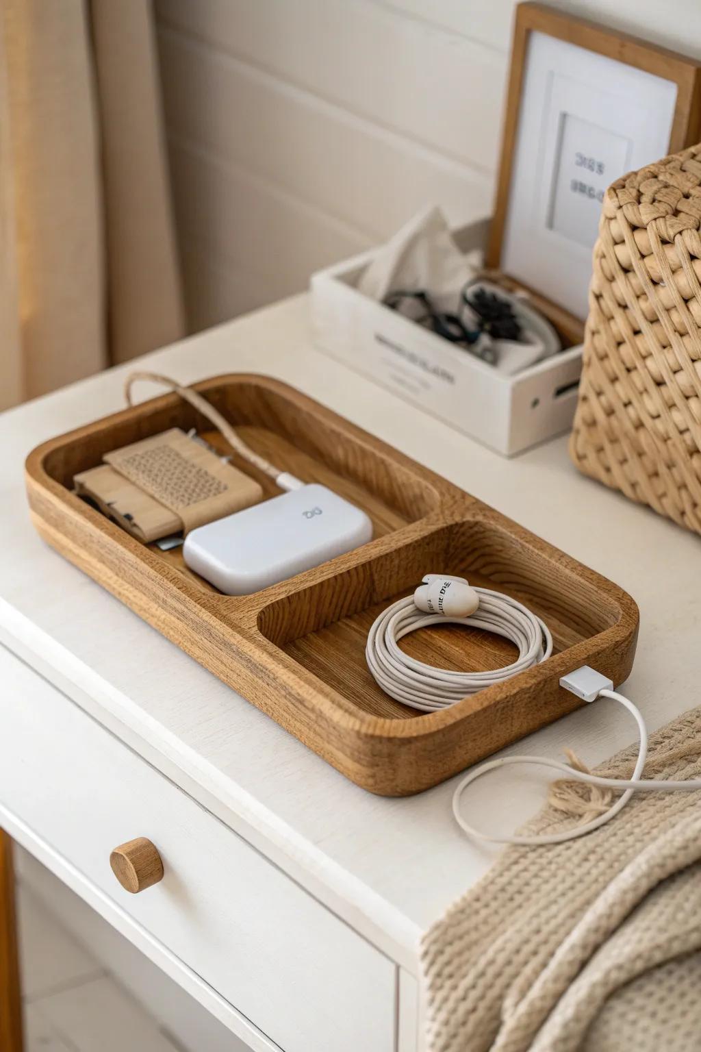 One sleek charging station keeps cords tidy—and your earbuds and power bank always in reach.