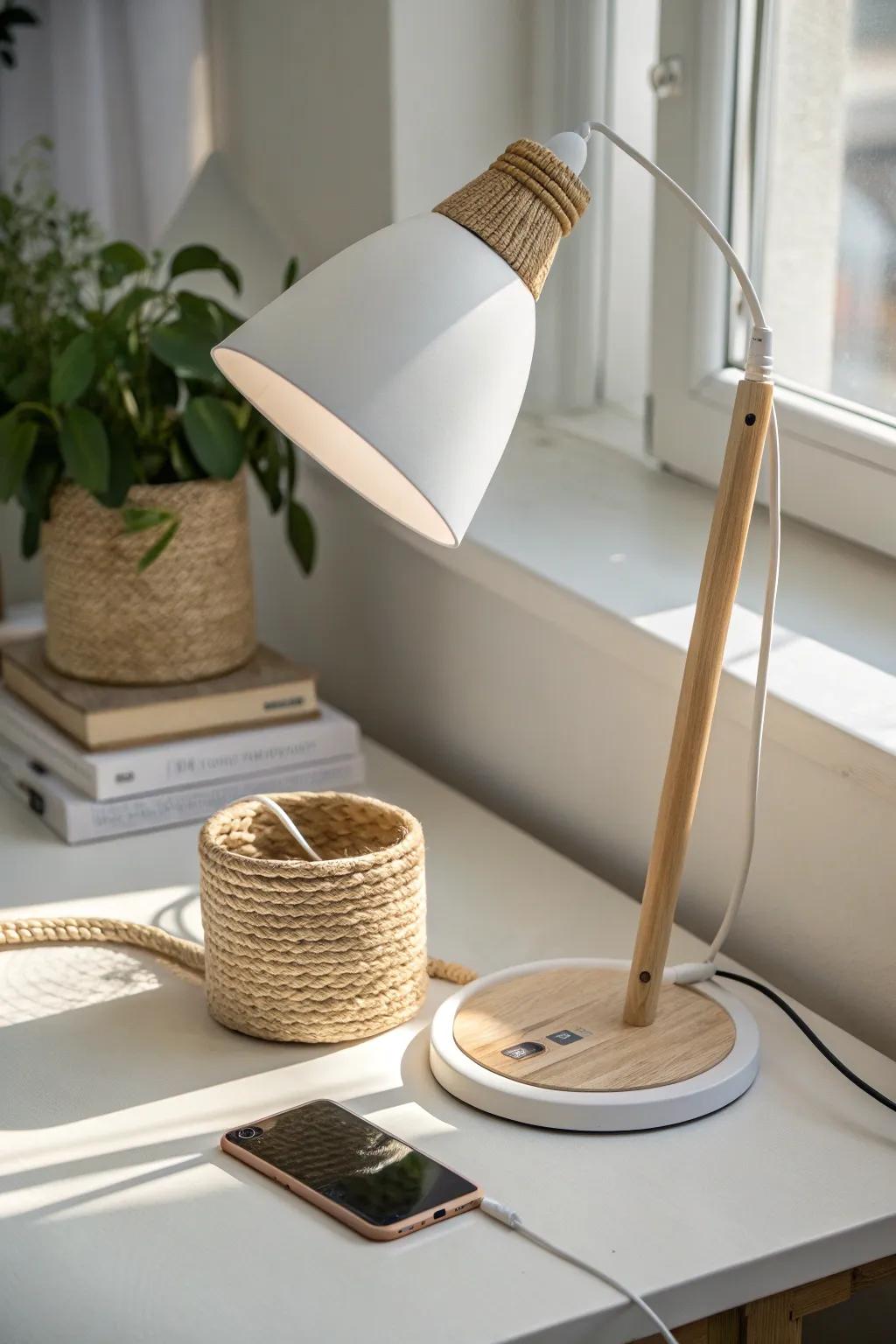 A minimalist desk lamp with USB ports—warm, clean task lighting for tiny dorm desks.