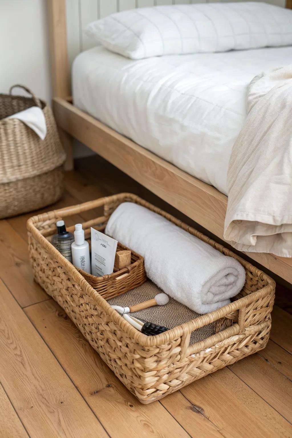 Pull-out under-bed basket = instant extra closet space for outfits, tools, and seasonal swaps.