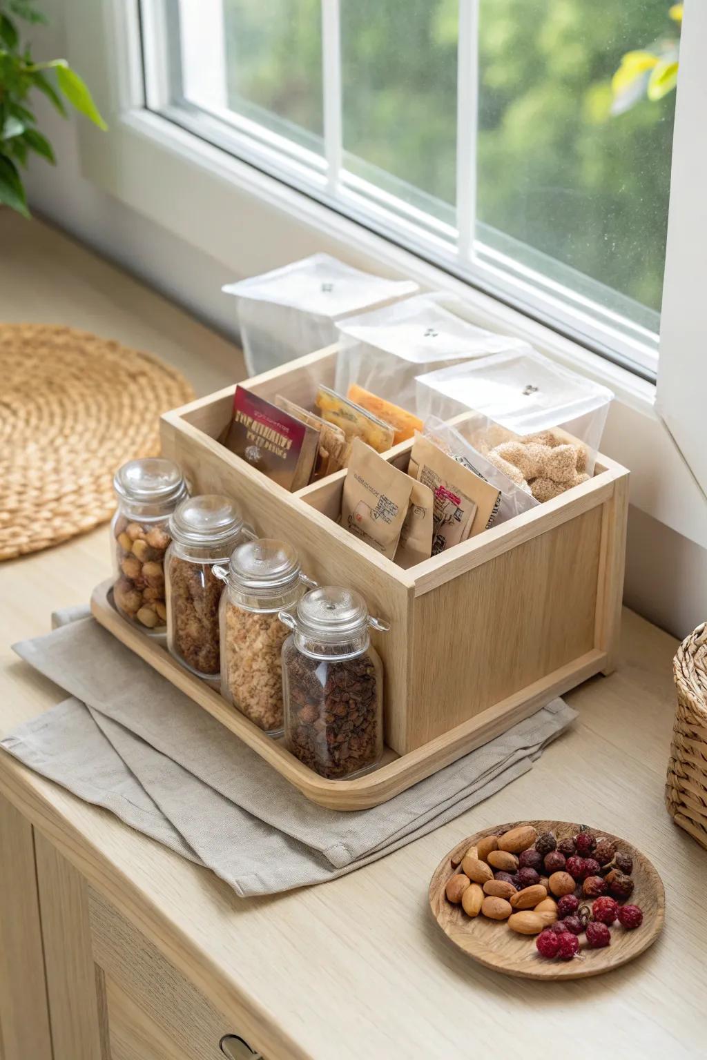 A tidy dorm snack station: decanted treats in a sleek bin for clutter-free cravings.