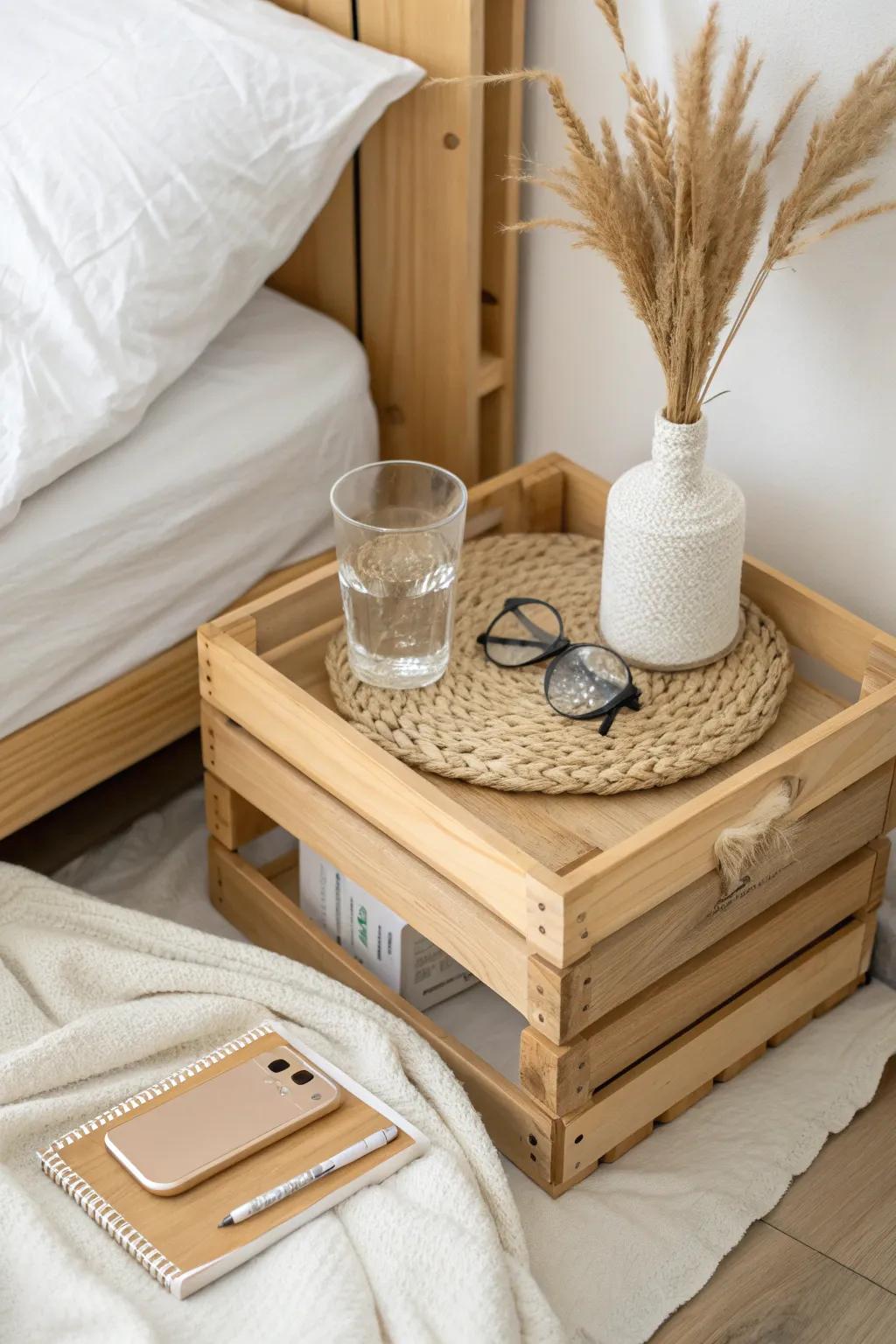 A tiny crate nightstand keeps water, glasses, and your charger perfectly within reach.