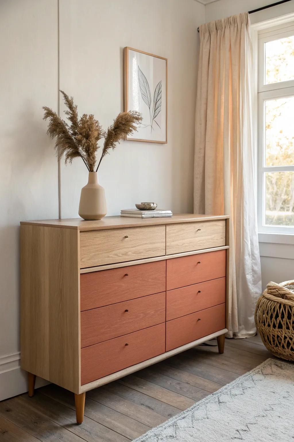 Dipped color-block paint grounds a bulky dresser—designer-looking detail with minimal effort.