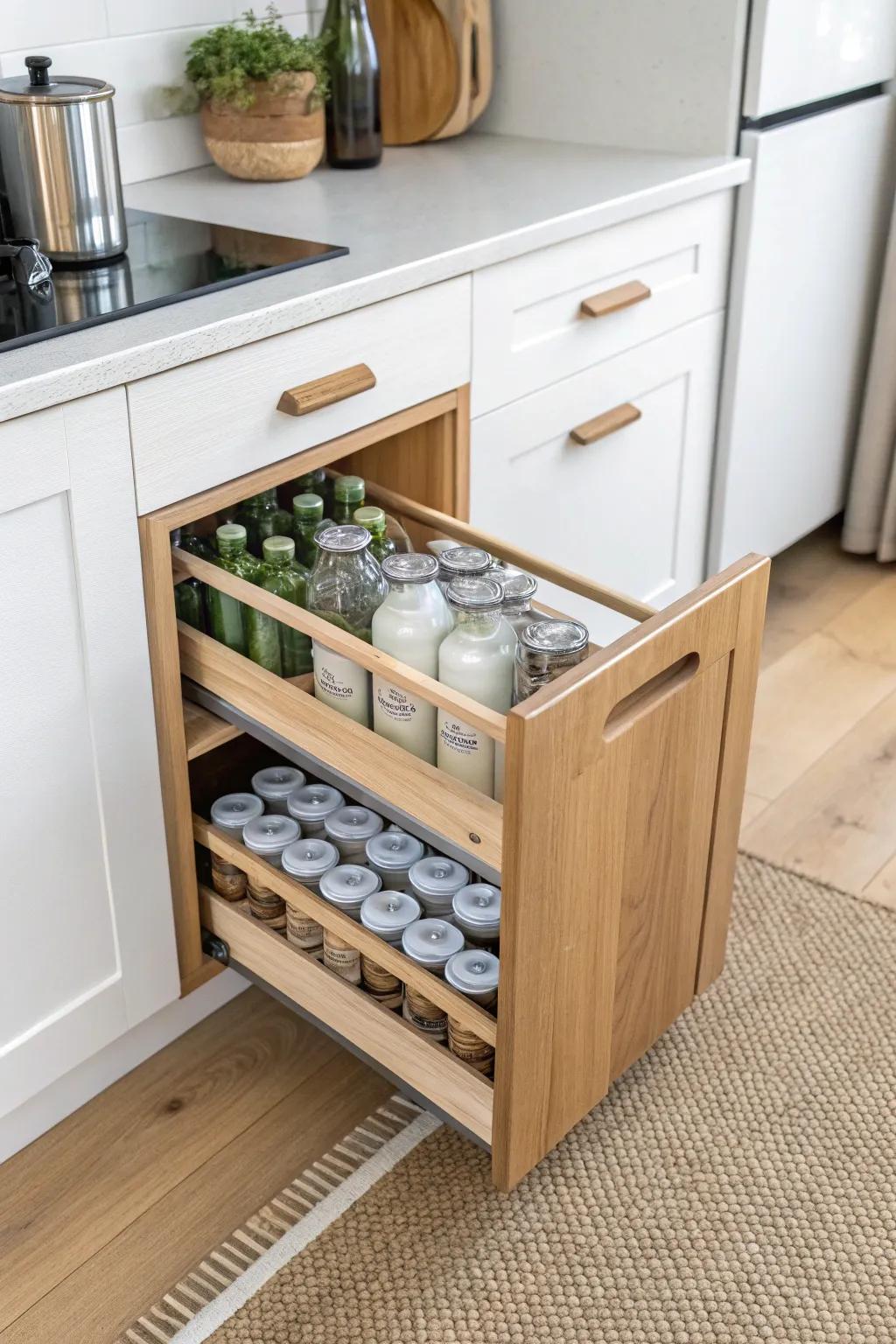 Pull-out drink caddy: bottles in front, cans in back—mini pantry storage that slides to you.