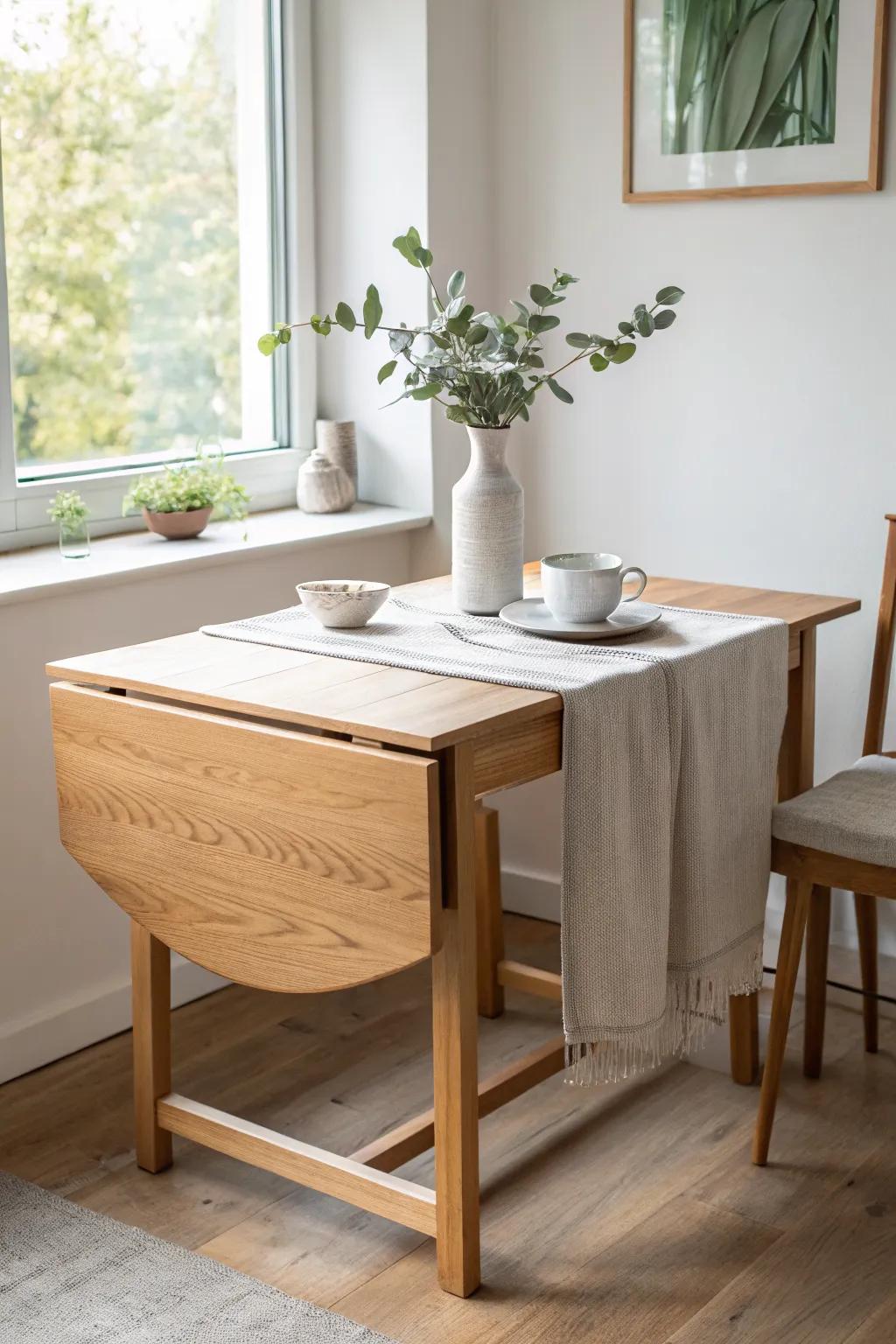 One-leaf-up drop leaf table styled like a console—pretty every day, expands for dinner fast.