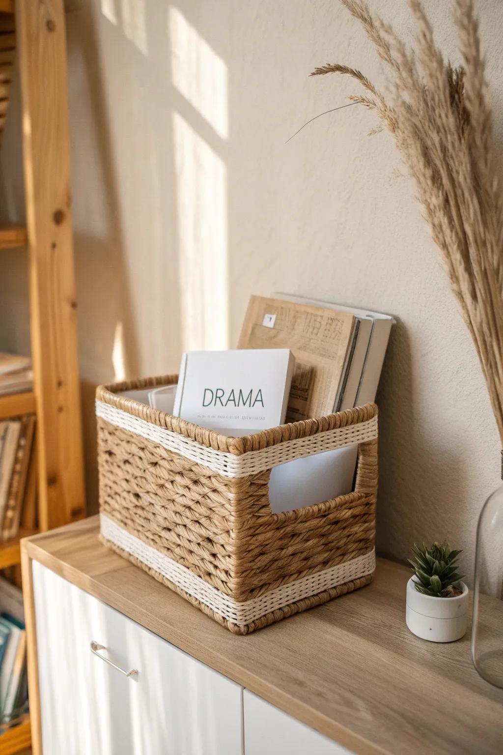 Tidy DVDs in a woven magazine holder—label by genre for small-space calm and easy picking.