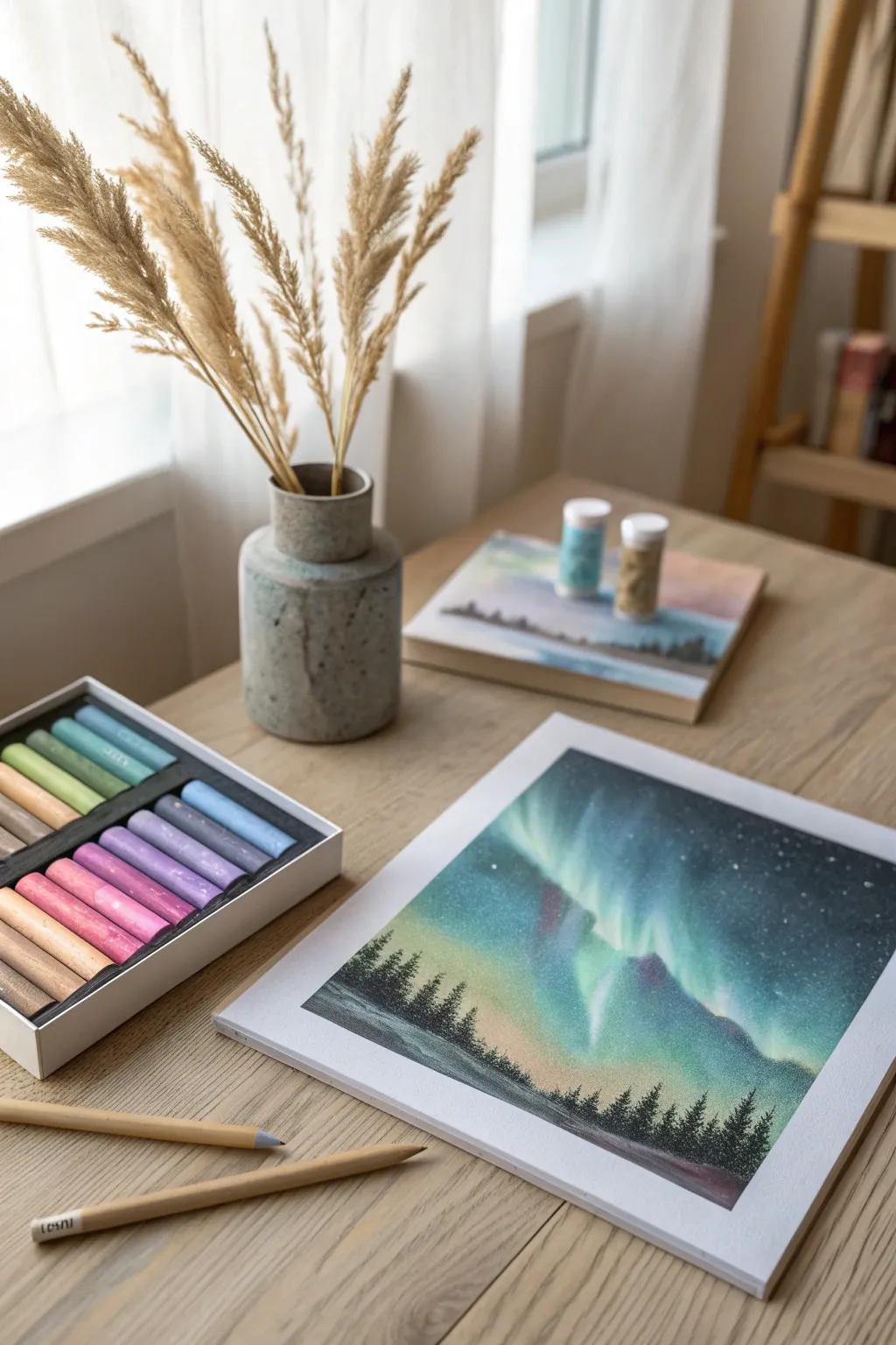 Capture the magic of the northern lights with soft pastels. Discover the beauty of blending vibrant hues with ease. 🌌✨