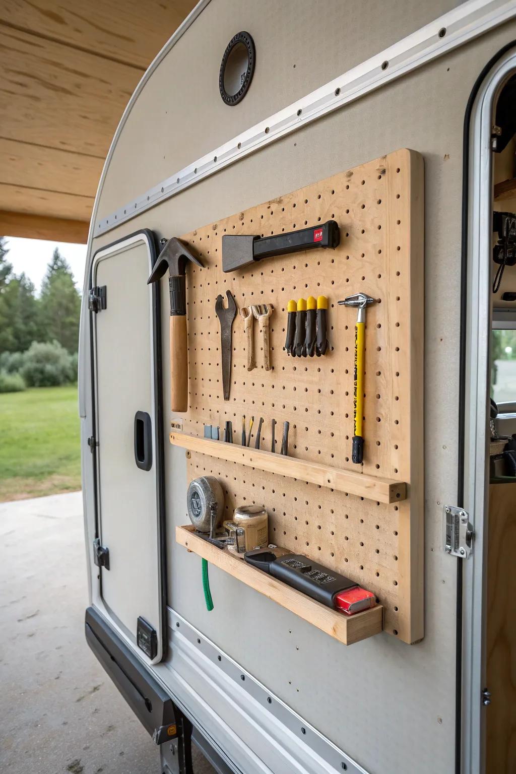 Birch pegboard backsplash keeps trailer tools visible, tidy, and always within easy reach.