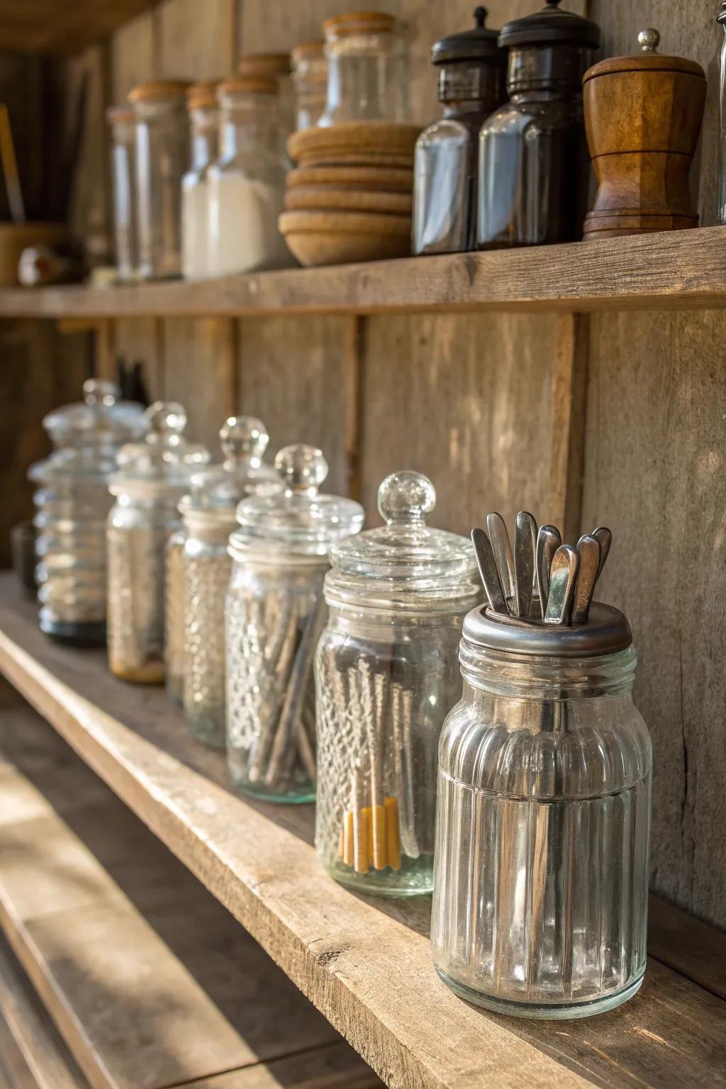 Creative storage with a touch of transparency: End mills elegantly displayed in repurposed glass jars.